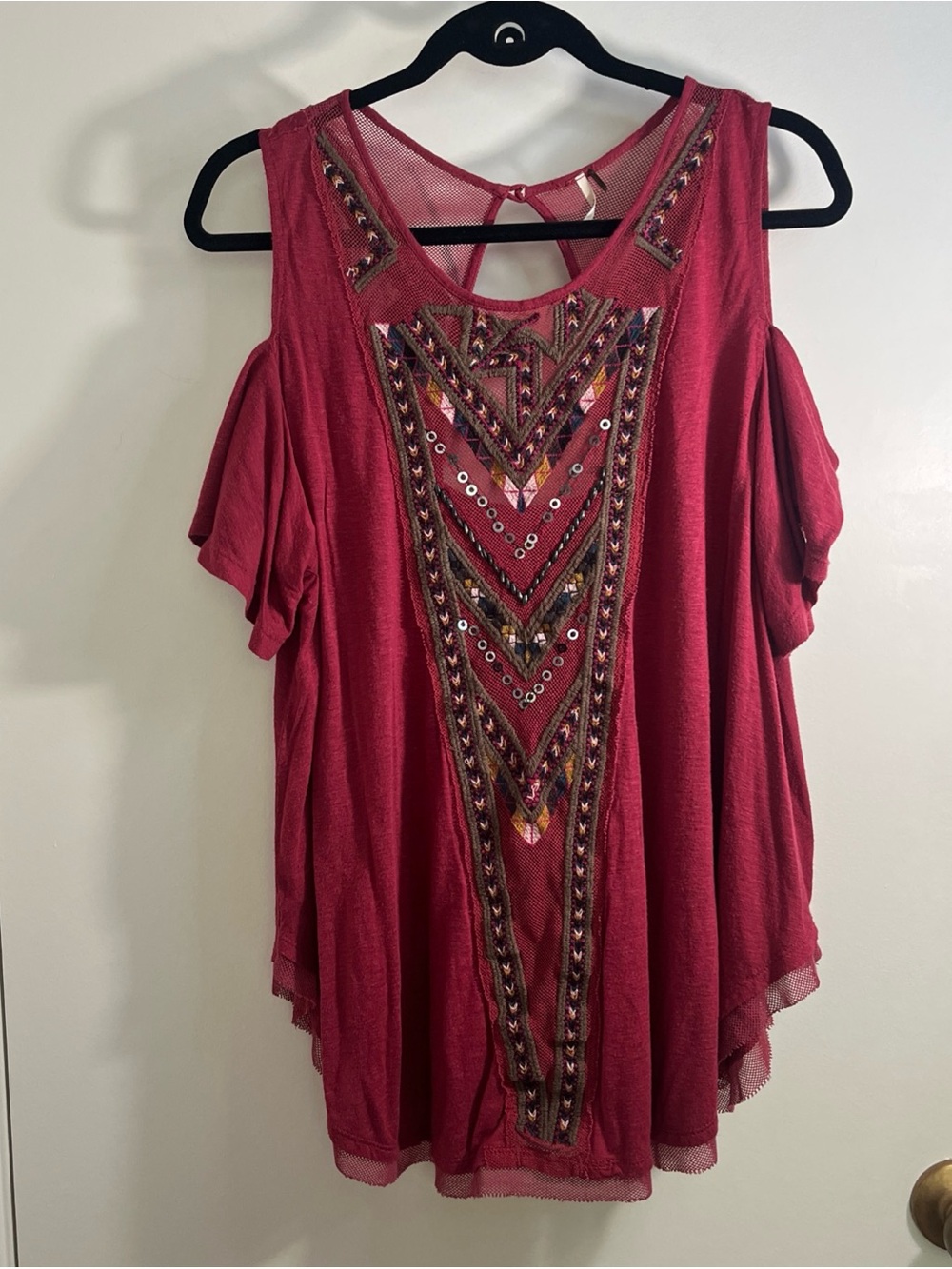 Free People Women's Cold-Shoulder Embroidered Top Med Red GypsySpell Boho Chic